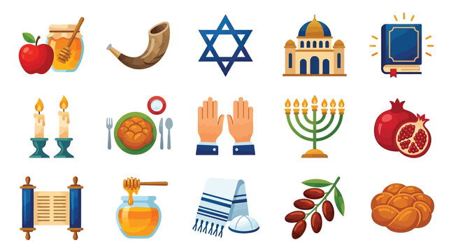 A vibrant collection of Jewish cultural and religious symbols, including a Torah scroll, menorah, shofar, and challah bread.