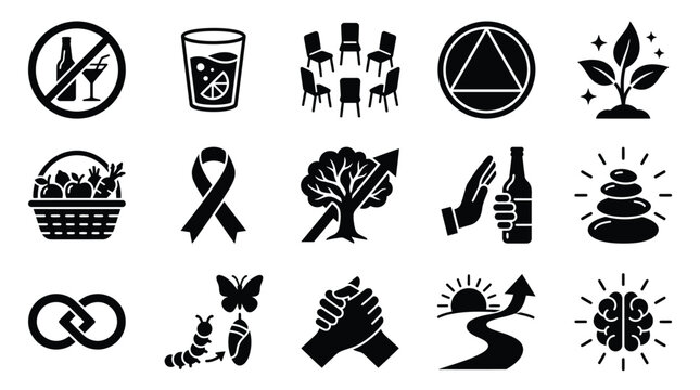 Collection of Black and White Icons Representing Recovery, Growth, and Support Systems.