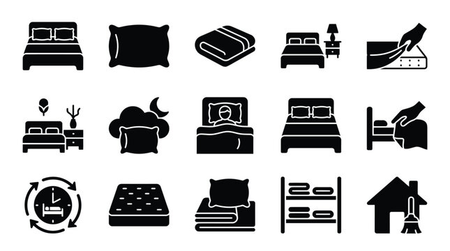 Collection of black and white icons representing various aspects of sleep, bedding, and bedroom furniture, including beds, pillows, blankets, and mattresses.