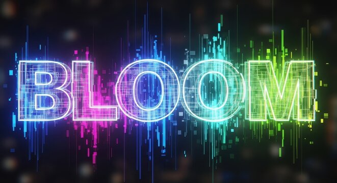 Illuminated Bloom Word Art Against a Dark Background.