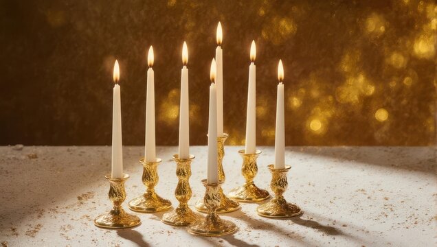 Lit white candles in ornate gold holders against a bokeh-lit gold backdrop