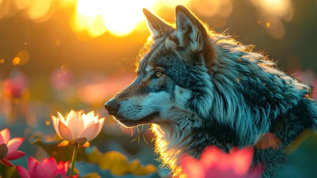 A wolf in a field of lotuses is illuminated by golden light