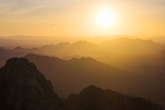 Aerial view of rugged mountain peaks shrouded in golden haze during a bright sunset with a bird flying in the distance.