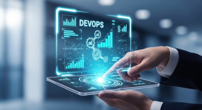 Businessmen use the tab analyzing DevOps and deployment data. Software delivery dashboard, CI/CD pipeline, automation monitoring, cloud infrastructure, agile operations
