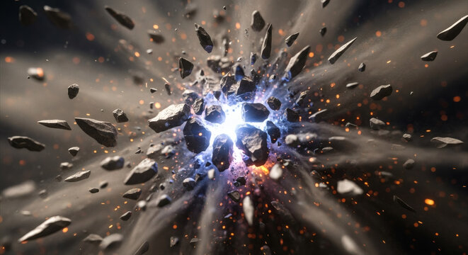 Powerful cosmic energy burst generating a dynamic explosion of rock fragments and luminous debris in an abstract display of destructive force