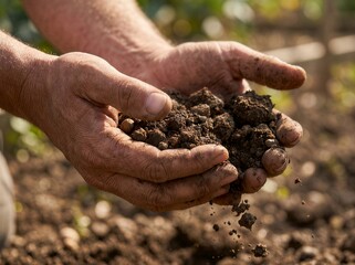 Hands releasing dark soil falling between fingers grounding