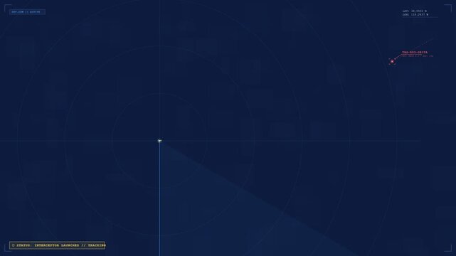 Radar Screen HUD Tactical Interface Scanning Targets with Blue Digital Grid for Military Surveillance and Air Traffic Control Navigation Display