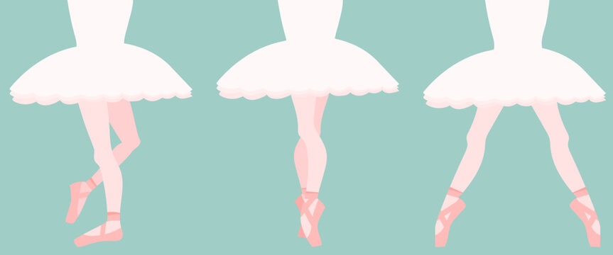 A set of three poses of a ballerina's feet in a tutu.