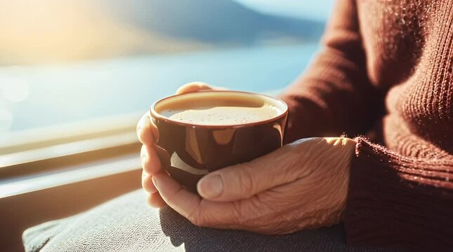 Warm cup of coffee held in hands by a person looking out a window on a scenic journey evoking feelings of comfort travel and peaceful contemplation