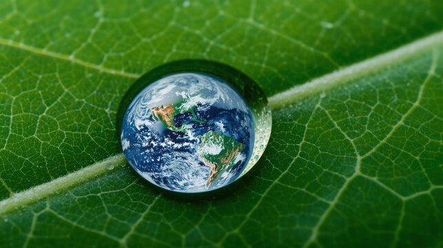 Water droplet on vibrant green leaf holds miniature earth symbolizing nature and ecology
