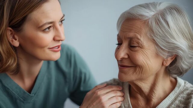 Compassionate caregiver comforting elderly woman with warm smile support for senior healthcare
