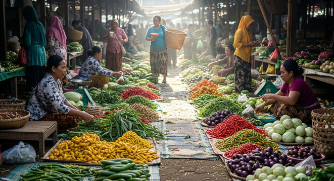 A vibrant market stall in Barcelona displays a colorful variety of fresh, organic fruits and vegetables including red apples and orange produce for a healthy, natural grocery shopping experience