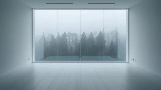 Minimalist empty room large window overlooking foggy forest serene moody atmosphere for calm
