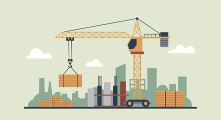 Obraz premium Construction site with a large crane lifting materials for building development.