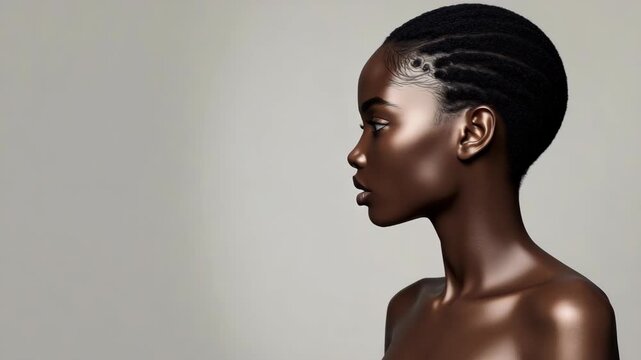 Elegant profile young woman black woman portrait braid short hair dark skinned glossy smooth skin