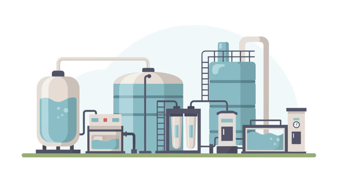Industrial Water Treatment Plant Illustration with Tanks and Filtration Systems.