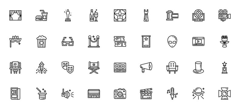 Hollywood icon set. Vector illustration pack with Oscar, film reel, camera, popcorn, tickets, spotlight and more. Editable thin line icons.
