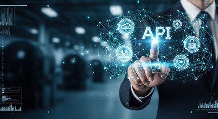 Fototapeta premium API, Businessman hand touching the global networking and API integration solutions that connect software systems, streamline cloud services, and enable seamless developer collaboration