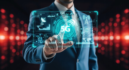 Fototapeta premium Businessman pointing at telecommunications technology on futuristic digital interface screen, network connectivity system, digital communication platform, telecom innovation concept