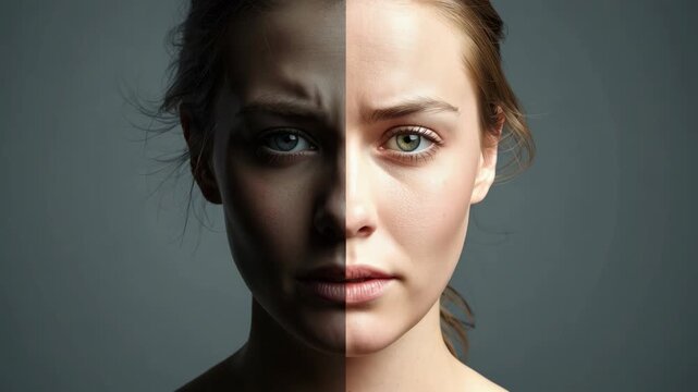Young woman portrait split lighting showing contrasting emotion mood and two different eye colors