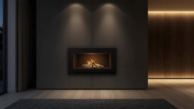 Cozy modern living room with recessed fireplace, warm ambient lighting and wood floor