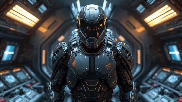 Futuristic armored suit and helmet with glowing visor spacecraft cockpit corridor, dramatic
