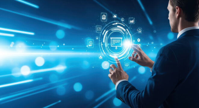 Businessman holding business targeting interface with networking data, marketing strategy, audience segmentation, sales optimization and corporate growth concept
