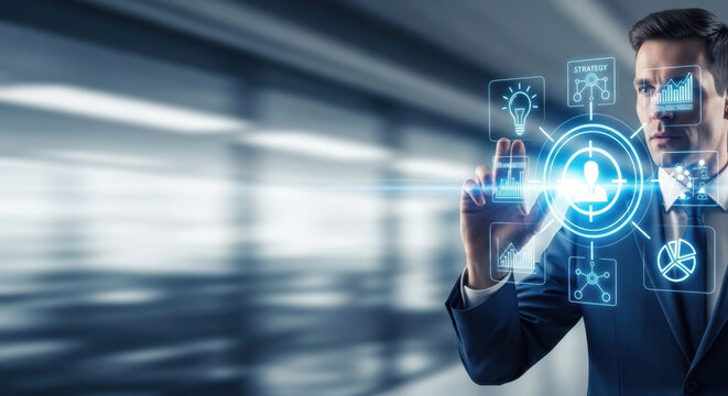 Businessman holding business targeting interface with networking data, marketing strategy, audience segmentation, sales optimization and corporate growth concept