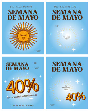Set de templates para redes sociales Semana de Mayo editable con sol bandera Argentina