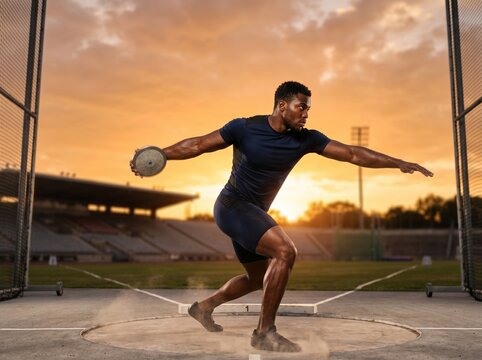 Male Athlete Throwing Discus in Track and Field Stadium