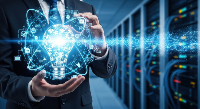 Businessman hand hold solutions, IT consulting, digital transformation, enterprise software, cloud platforms, AI-powered tools, business optimization, technical support, workflow automation