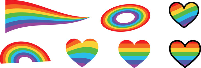 Obraz premium Colorful Rainbow Icon Set With Hearts, Stripes and Pride Symbols for Design and Celebration