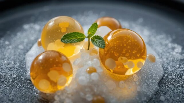 Amber and golden gelatin spheres creamy foam with mint garnish, glossy molecular gastronomy dessert