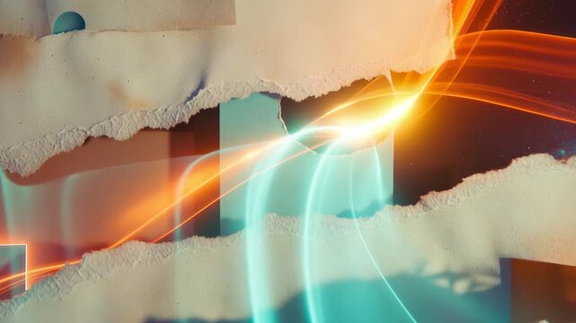 Torn paper layers with flowing neon lines in abstract style on soft textured backdrop, concept of creativity and contrast