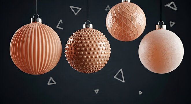Elegant peach textured Christmas baubles hanging on dark background