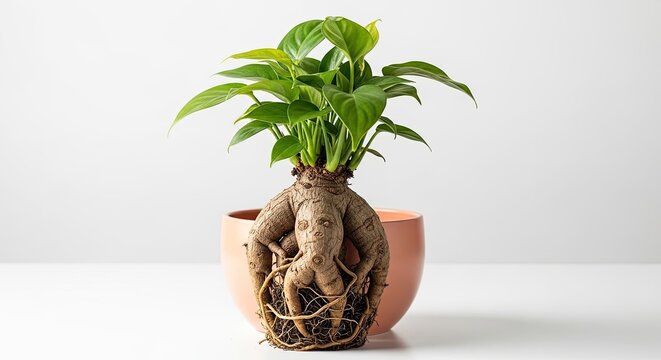 Anthropomorphic plant with human like roots on white background