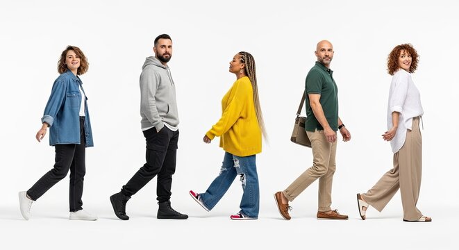 Diverse group of five people walking against white background