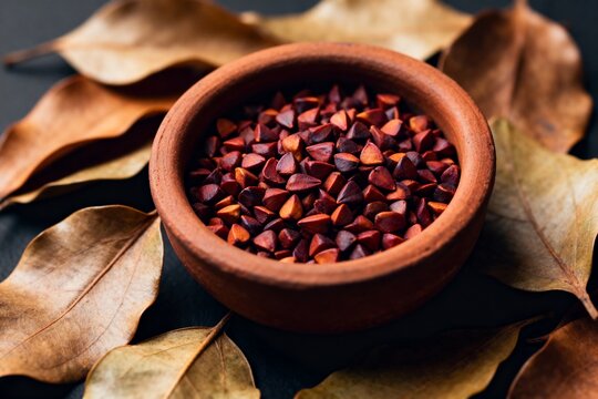 Rustic Bowl of Annatto Seeds with Dried Leaves, Warm Autumn Spice