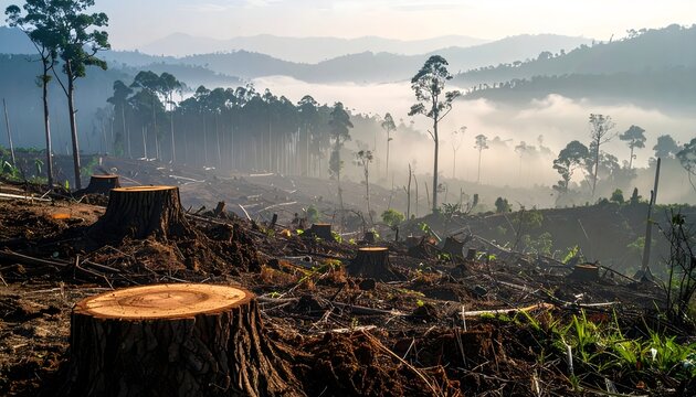 Deforestation Scene with Tree Stumps and Remaining Forest in Soft Natural Light
