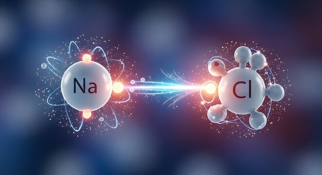 Vibrant scientific visualization of atomic interaction and electron transfer forming a chemical bond between sodium and chlorine elements