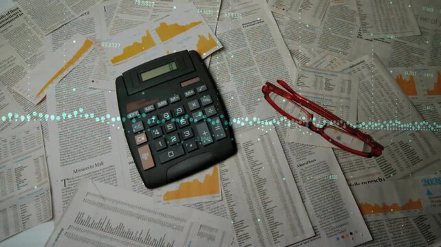 Red glasses sliding after off-screen push, turquoise waveform moving over finance docs for analysis