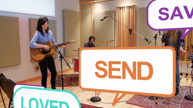 Trio performing in studio, music causing CTA bubbles popping from edges and covering bottom frame