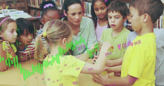 Teacher leaning, guiding, girl using flask for science, overlaying green wave, magenta time