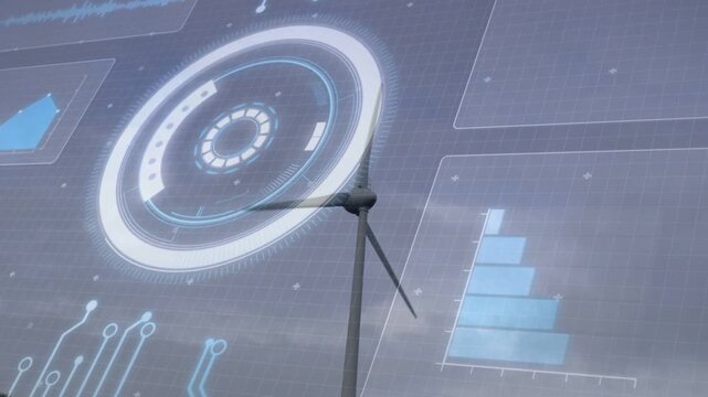 Wind turbine spinning from gusts, HUD sweeping with blades and bar chart tracking energy