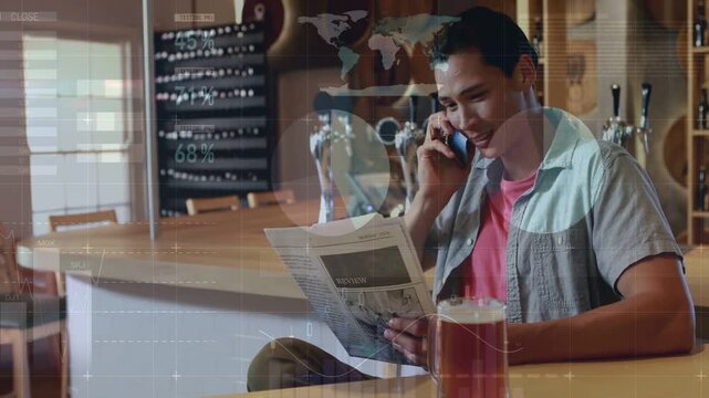 Male patron answering ringing smartphone for finance call, reading paper, charts overlaying frame