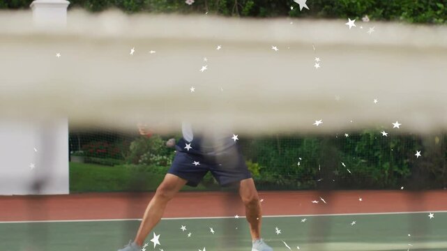 Senior reacting to incoming tennis ball sidestepping swinging backhand to return shot star overlay