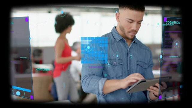 Man tapping tablet UI panels animating aligning while frame zooming coworker moving organizing data