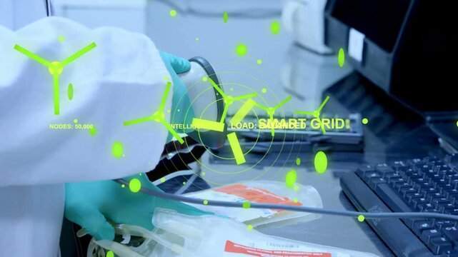 Lab tech reaching for scanner, scanning bags for intake check, SMART GRID icons tracking over hands