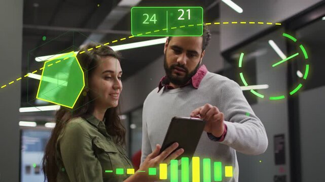 Woman tapping tablet, man pointing in office corridor, reviewing tech AR pentagon 24 | 21 badge