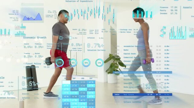 Male and female health coaches lifting weights causing AR HUD tracking form during switching lunges